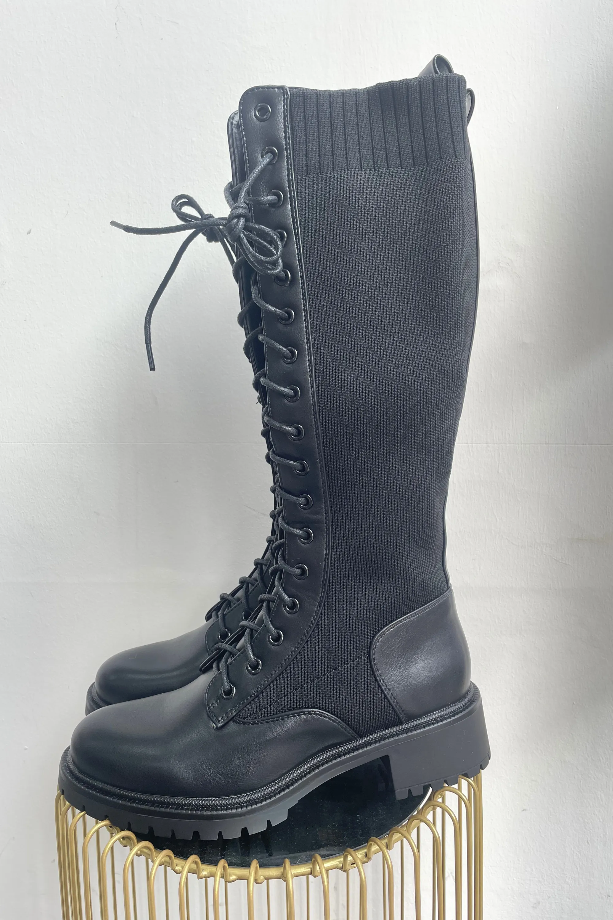 Black lace up longline boots