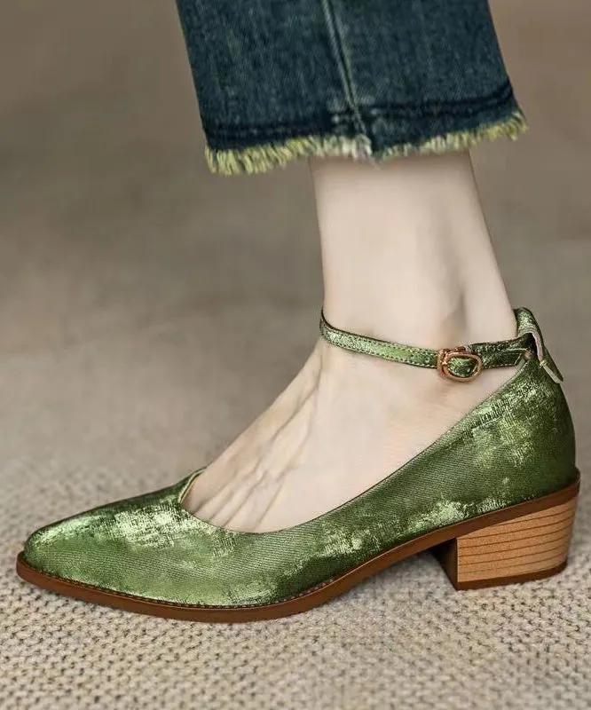 Green Faux Leather Loafers For Women Splicing Buckle Strap OM014