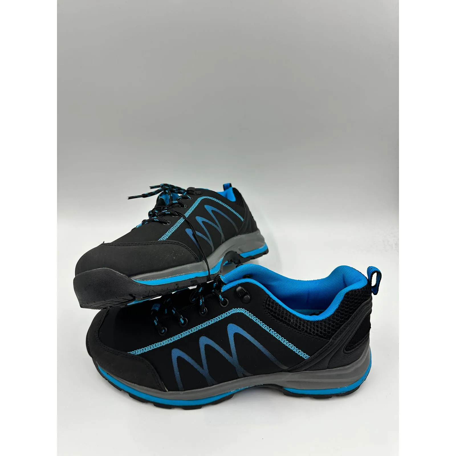 Men's Size 8.5, Black Hiker Sneakers with Light Blue Accents