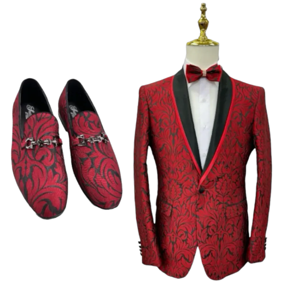 Red Men's Paisley Blazer Luxury Design Shall Lapel Slim-Fit with Bowtie