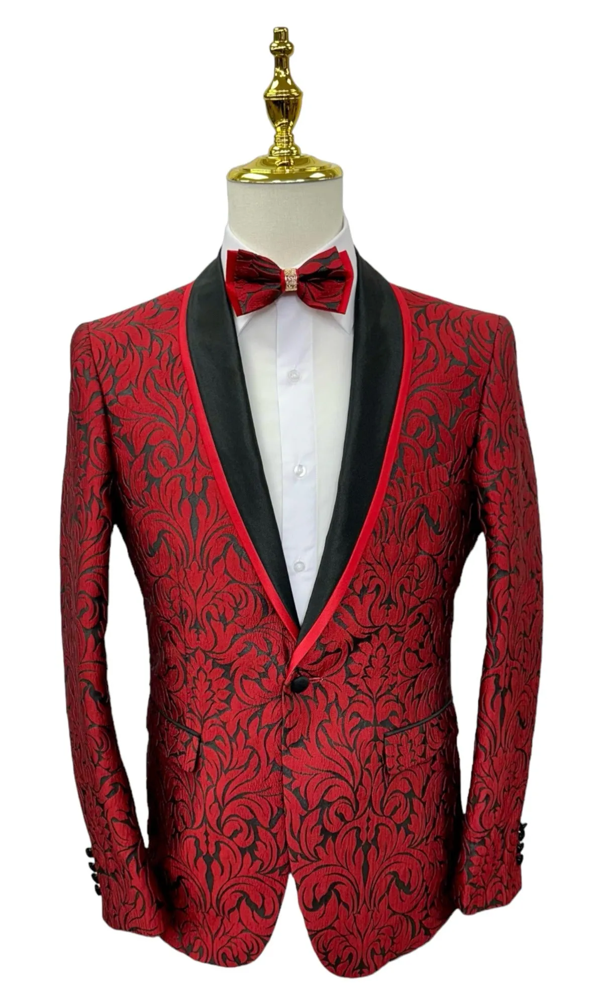 Red Men's Paisley Blazer Luxury Design Shall Lapel Slim-Fit with Bowtie