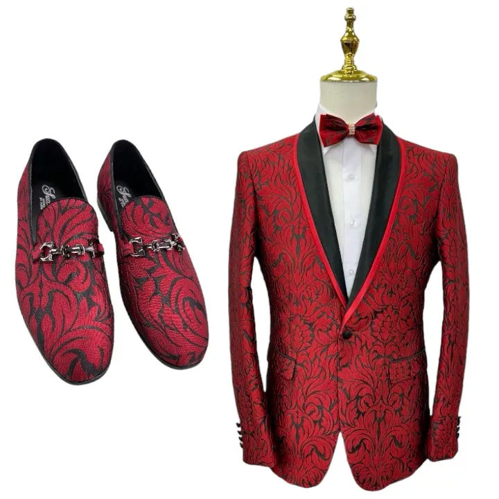 Red Men's Paisley Blazer Luxury Design Shall Lapel Slim-Fit with Bowtie