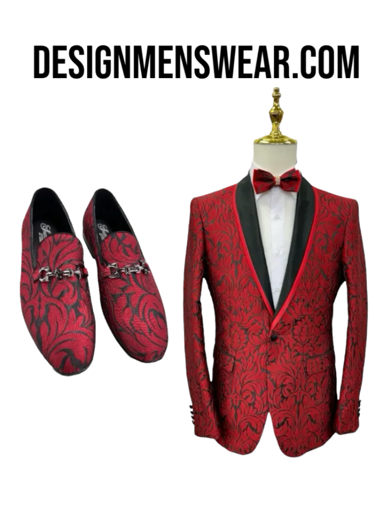 Red Men's Paisley Blazer Luxury Design Shall Lapel Slim-Fit with Bowtie