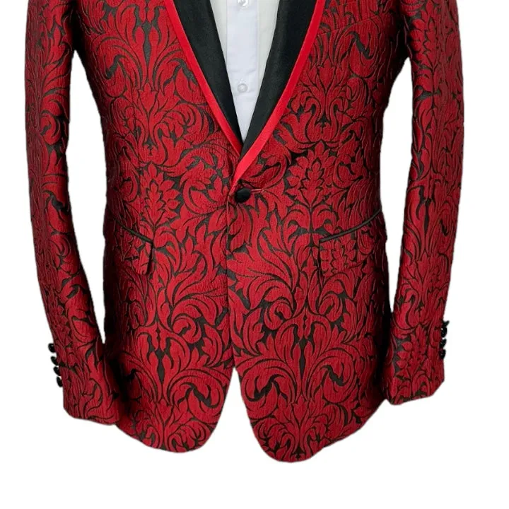 Red Men's Paisley Blazer Luxury Design Shall Lapel Slim-Fit with Bowtie