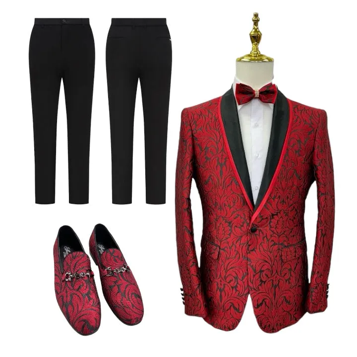 Red Men's Paisley Blazer Luxury Design Shall Lapel Slim-Fit with Bowtie