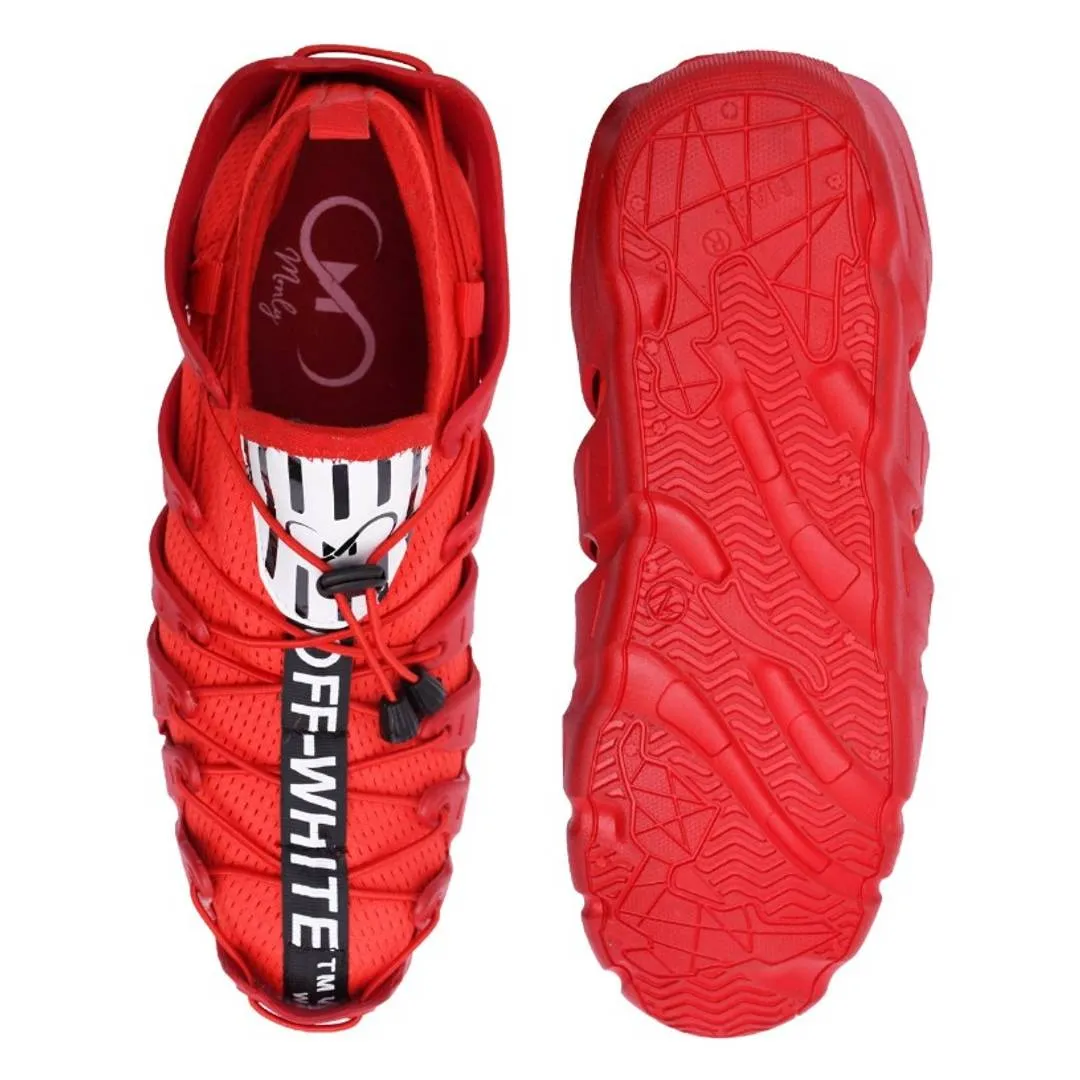 Stylish Red Mesh Self Design Sports Shoes For Men