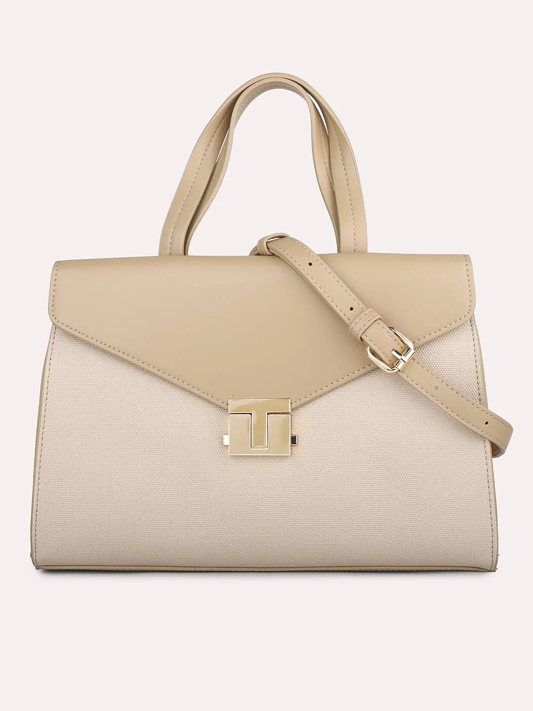 Women Beige Textured PU Structured Handheld Bag