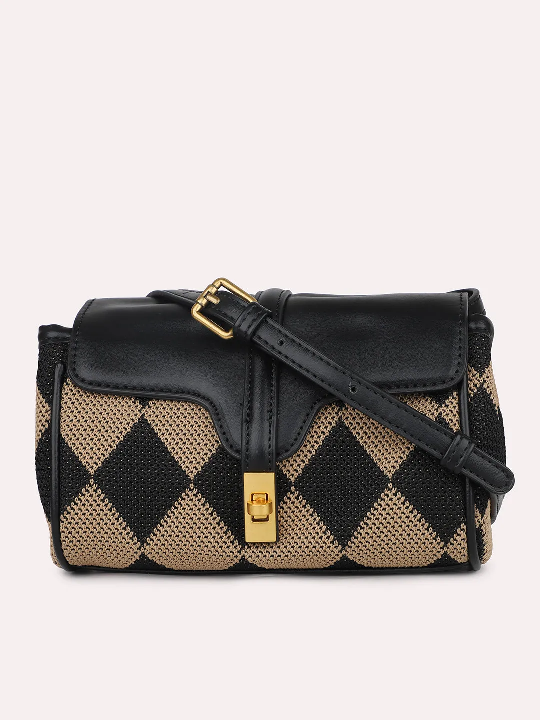 Women Black Geometric Black Design Textured Structured Sling Bag