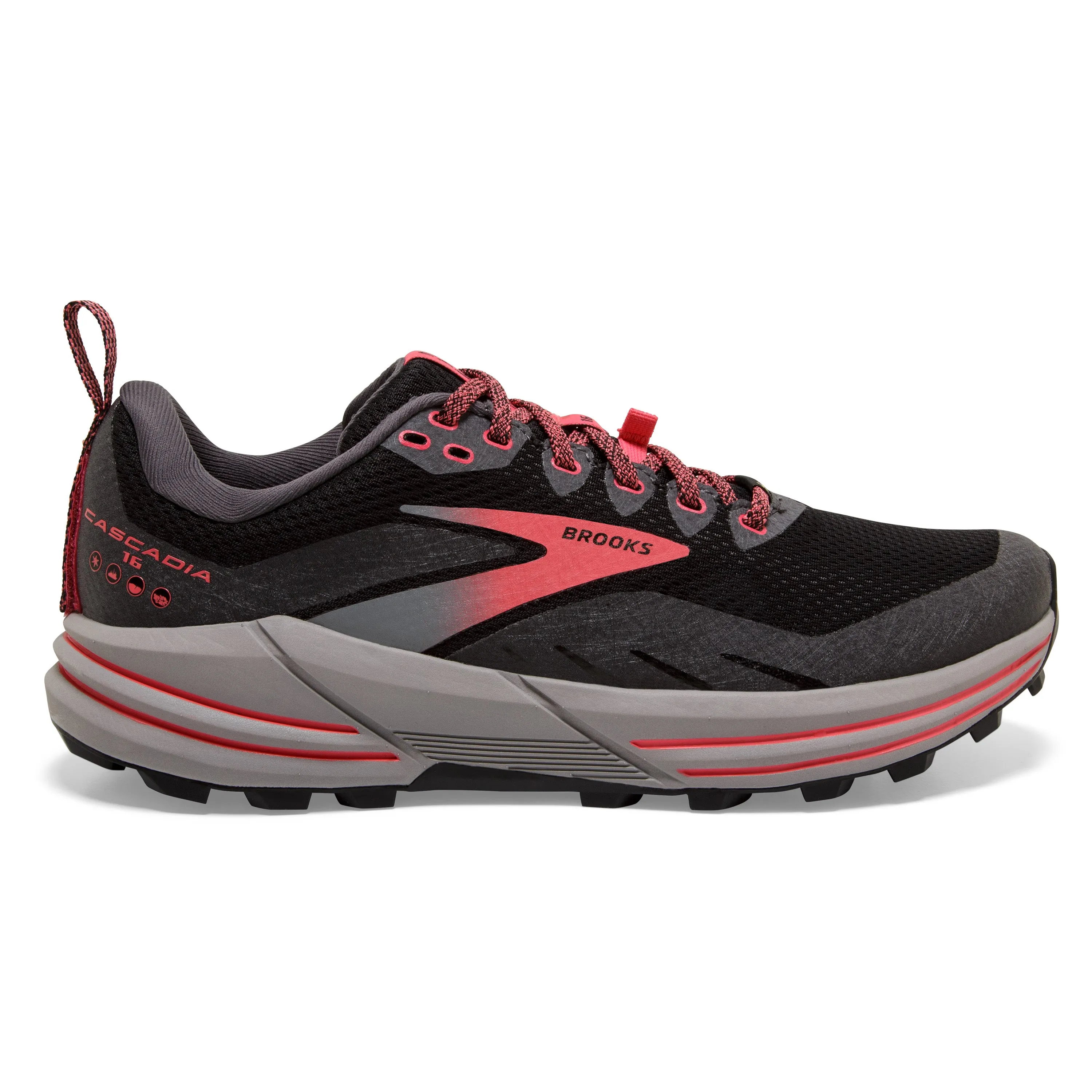 Women's Brooks Cascadia 16 GTX Color: Black/Blackened Pearl/Coral